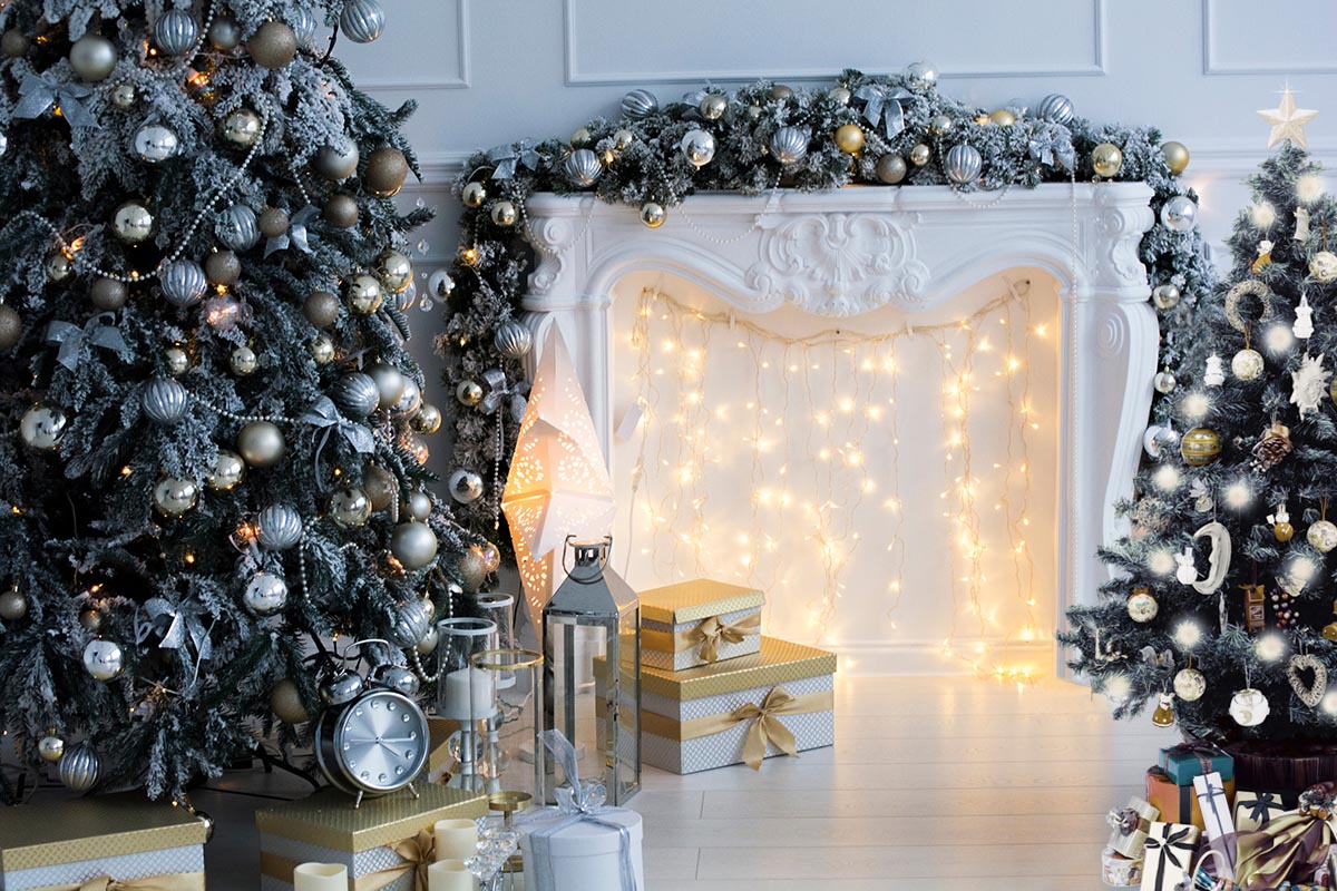 Christmas Tree Wood Floor White Fireplace Photo Backdrops