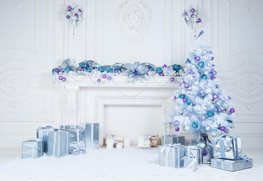 Blue Christmas White Fireplace Photography Backdrops