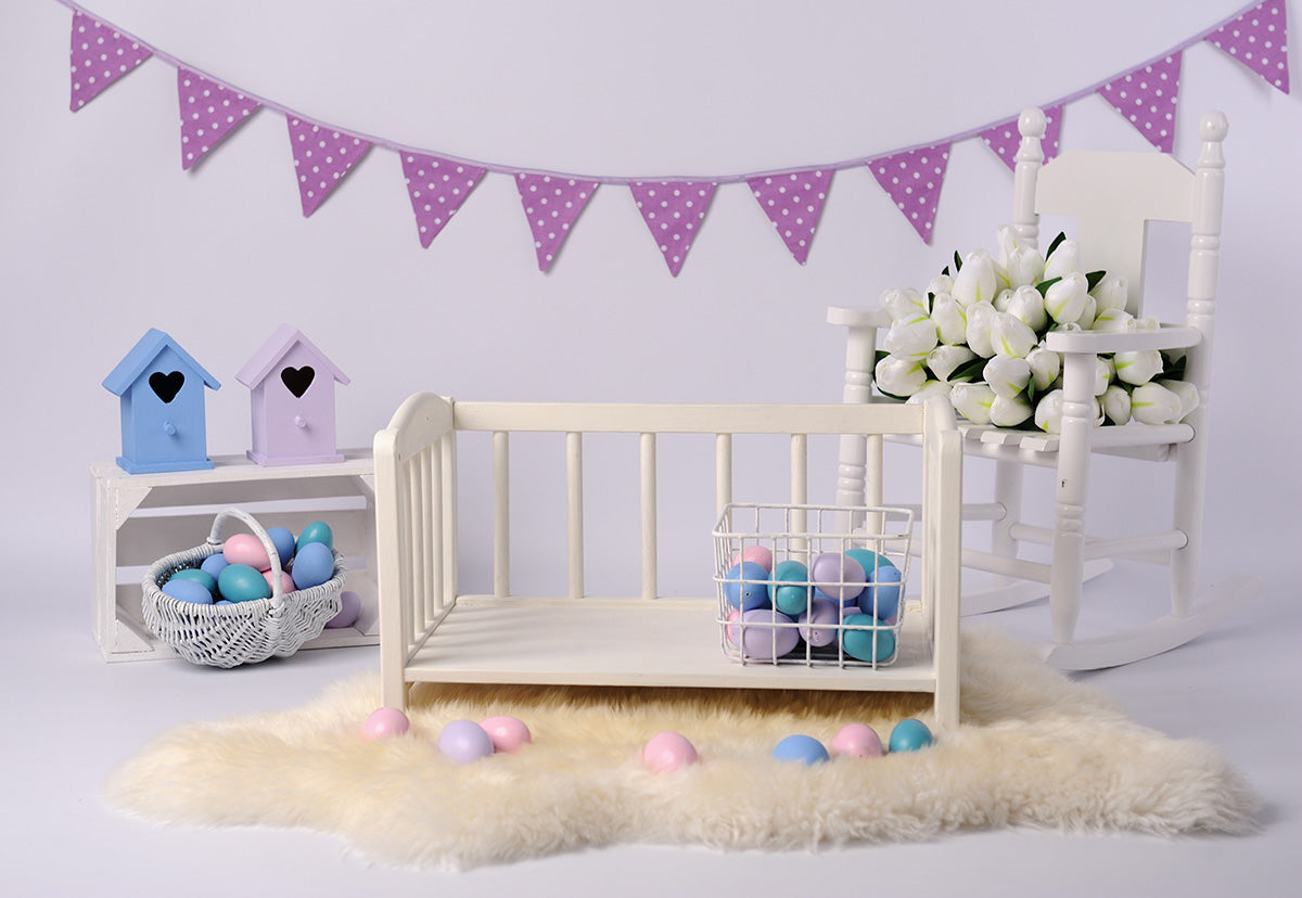 Purple Flag Easter Flowers Colorful Eggs Baby Photo Backdrop for Picture