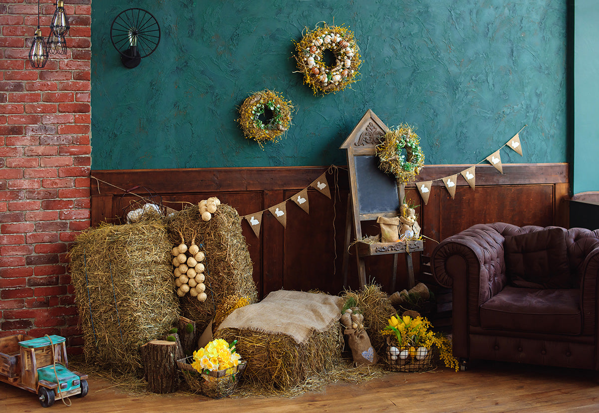 Straw Eggs Wreath Wood Floor Photography Backdrops for Picture