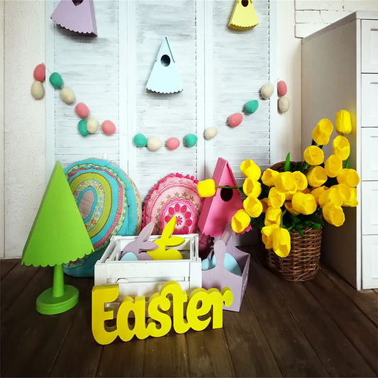 Easter flower bird house rabbit background