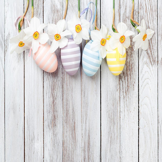 White Wood Eggs Flowers Easter Photo Backdrop for Studio