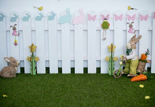 White Fence Rabbit Butterfly Grass Easter Backdrops for Photo
