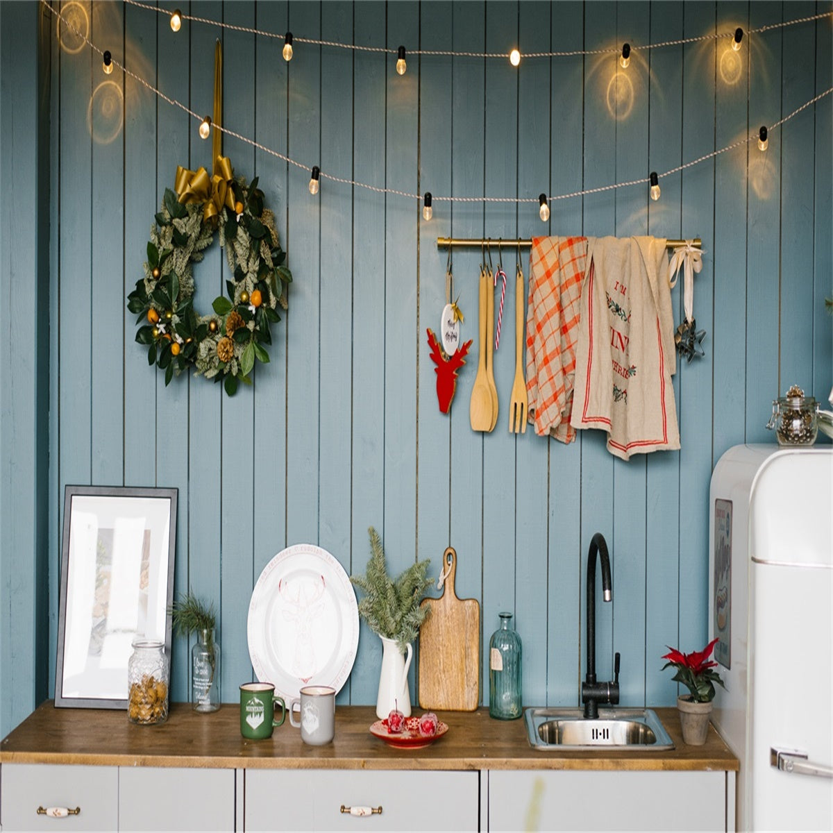 Christmas Kitchen Photography Backdrop Blue Wood Wall
