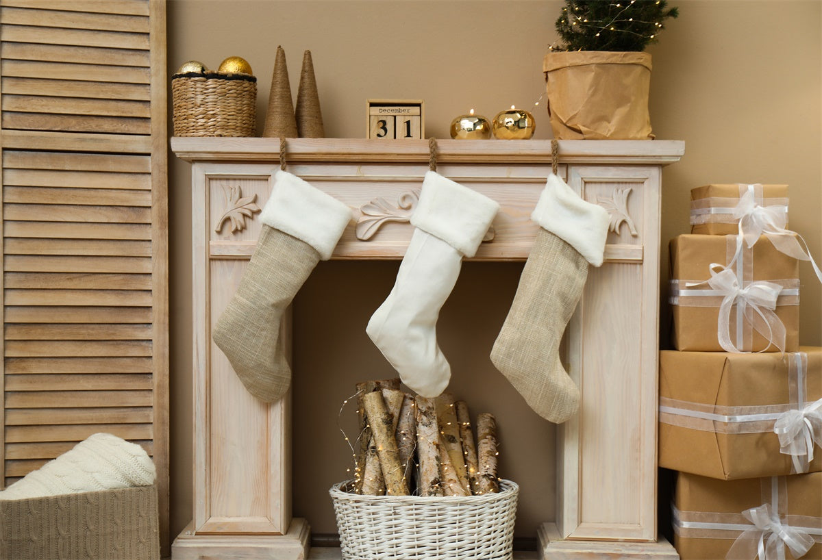 Wood Fireplace Christmas Backdrops for Photography