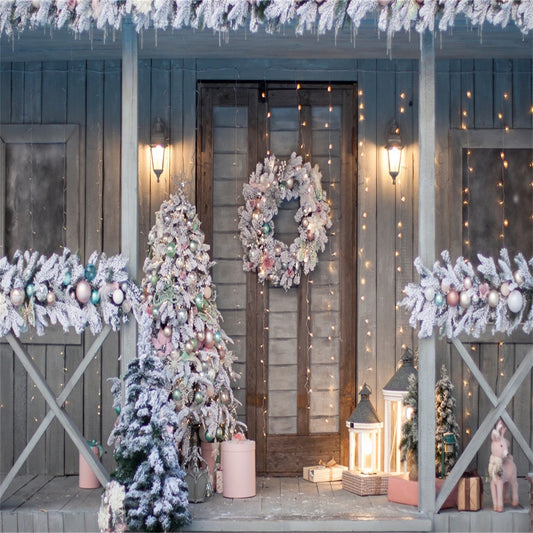 Christmas Grey Wood House Photo Booth Backdrops