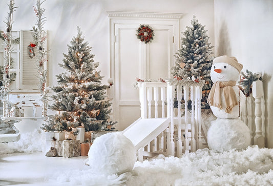 White Christmas Snowman Fabric Photography Backdrops