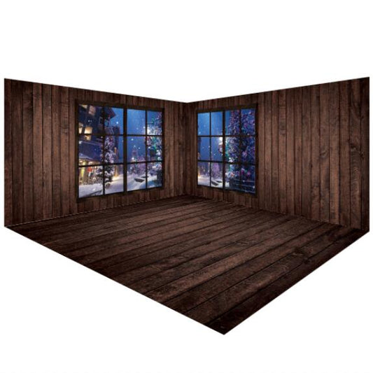 Dark Brown Wooden Winter Backdrops Room Set