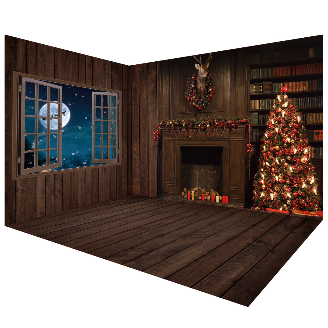 Dark Wooden Christmas Backdrops Room Set
