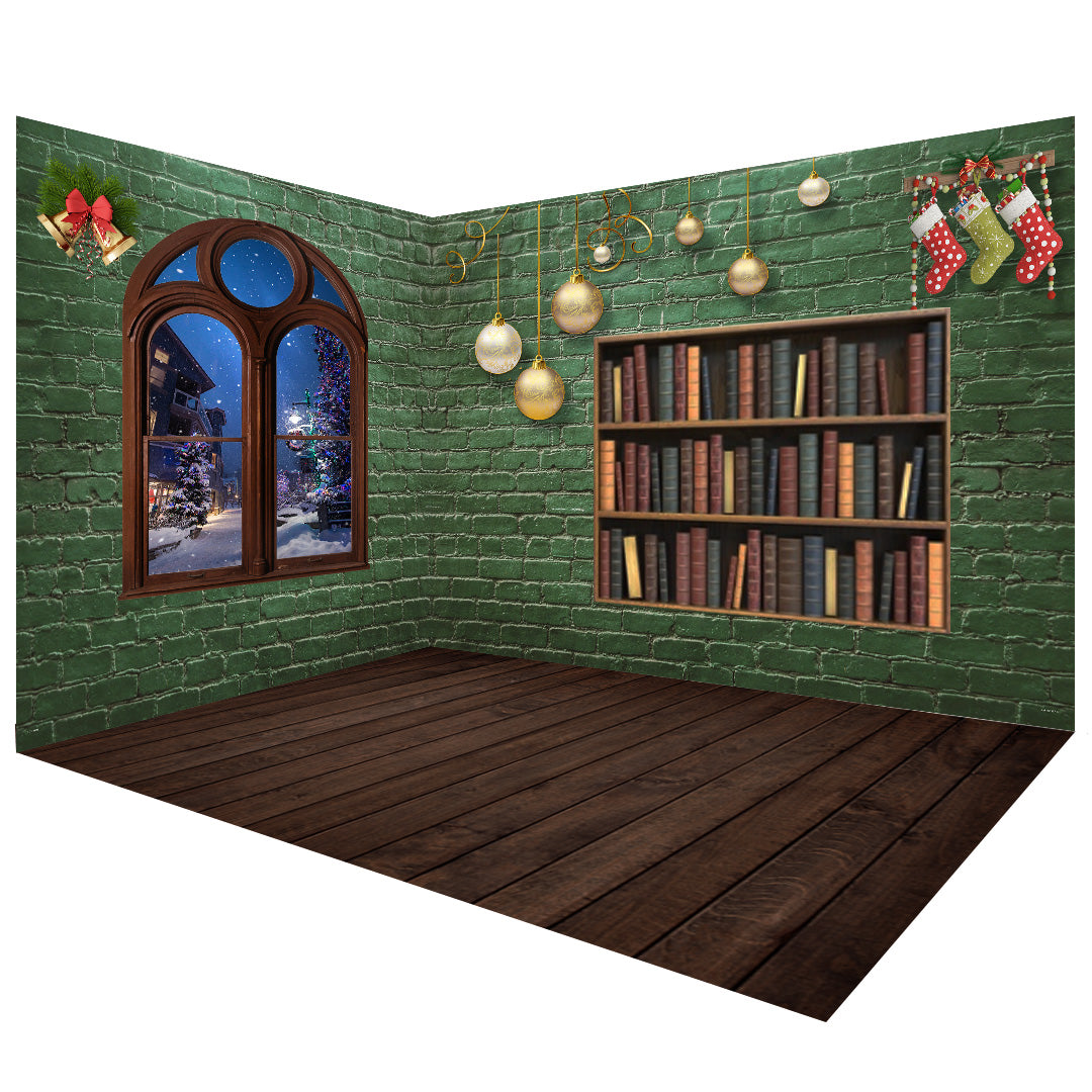 Christmas Green Brick Wall Photo Backdrop Room Set