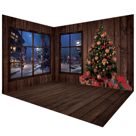 Dark Brown Wooden Christmas Winter Backdrops Room Set