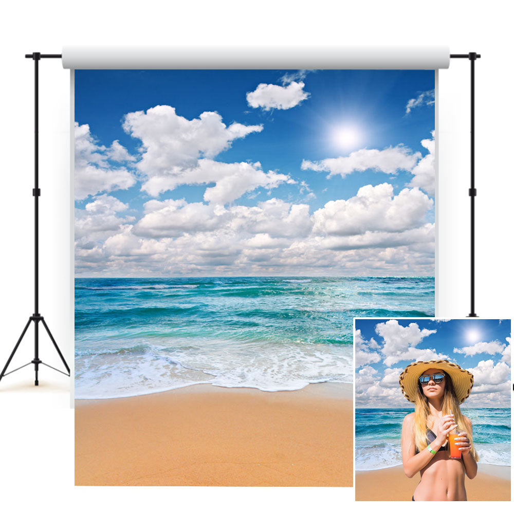 Sea Beach Digital Photo Backdrop Ocean Background Sky Clouds Backdrop for Photography S-576