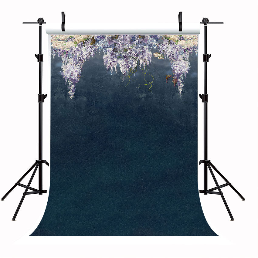 Dark Blue Beautiful Blooming Lilac Branches Blue Grunge Wall Flowers Backdrop for Photo Studio SBH0066