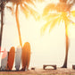 Summer Vacation Surfboard and Palm Tree on Beach Double Exposure with Colorful Bokeh Backdrop SBH0121