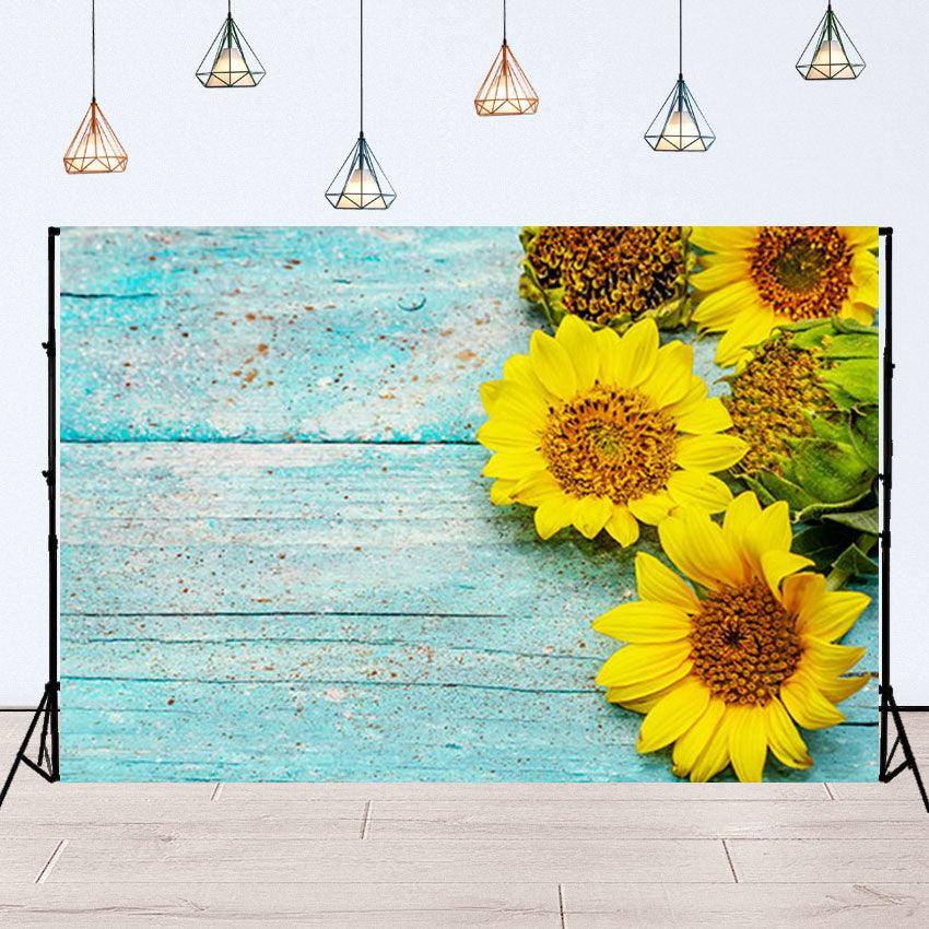 Fresh Sunflowers on Trendy Turquoise Wooden Boards Background for Photography SBH0123