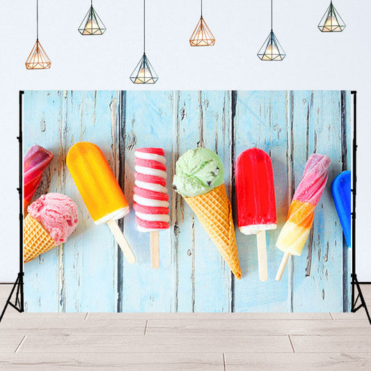 Blue Wood Backdrop Selection of Colorful Summer Popsicle Ice Cream Backdrop SBH0126