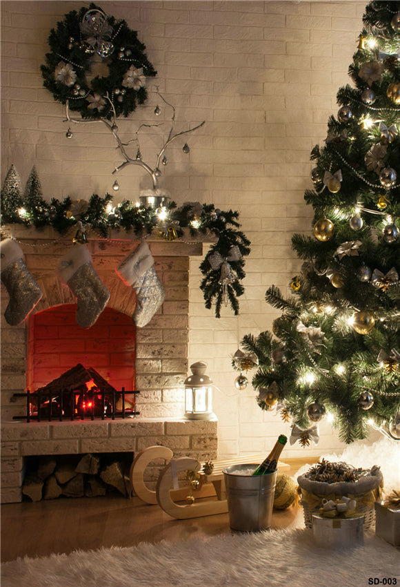 Christmas White Brick Fireplace Wall Photography Backdrops