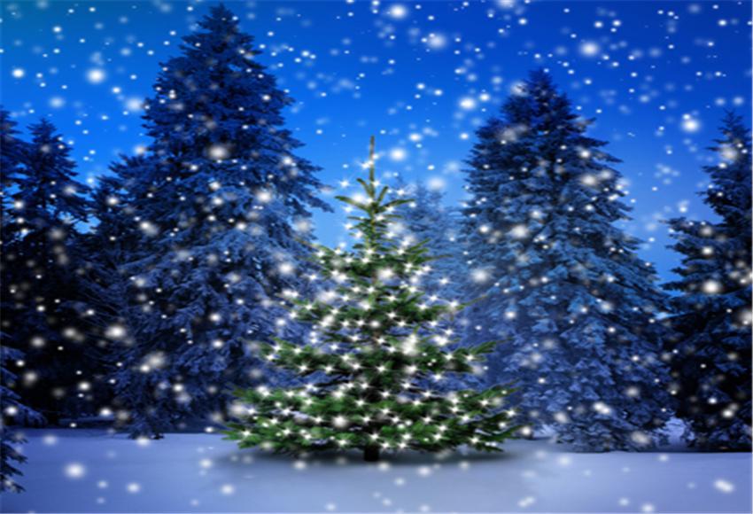 Snow Night of Winter Christmas Tree Backdrop