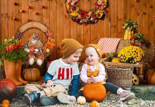 Pumpkin Flower Wood Wall Photography Backdrop for Thanksgiving