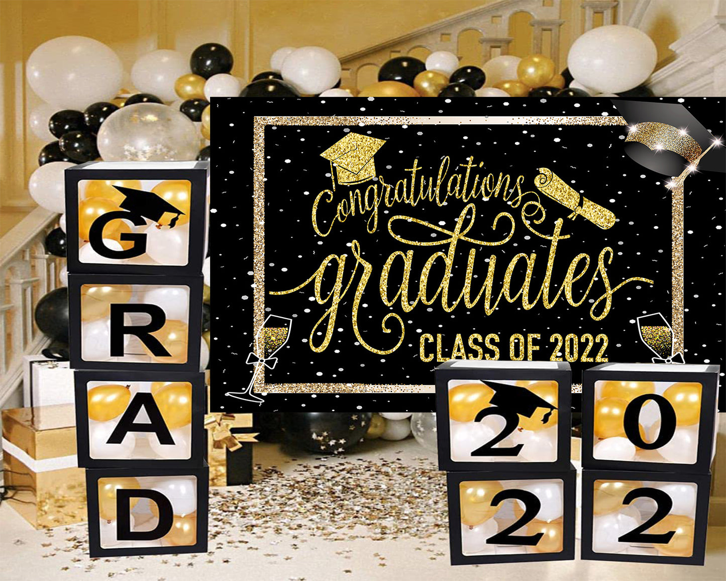Black and Gold Graduation Party Backdrop Congratulate Graduation Photography Backdrop 2022 Congratulations TKH1853