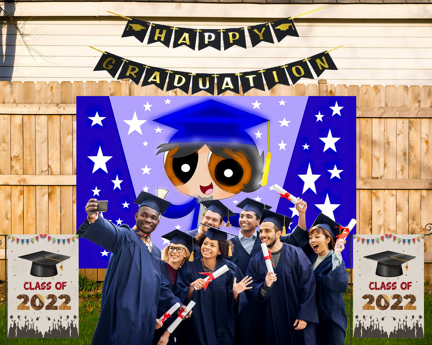 Blue Cartoon Character Graduation Party Backdrop for Photography TKH1884