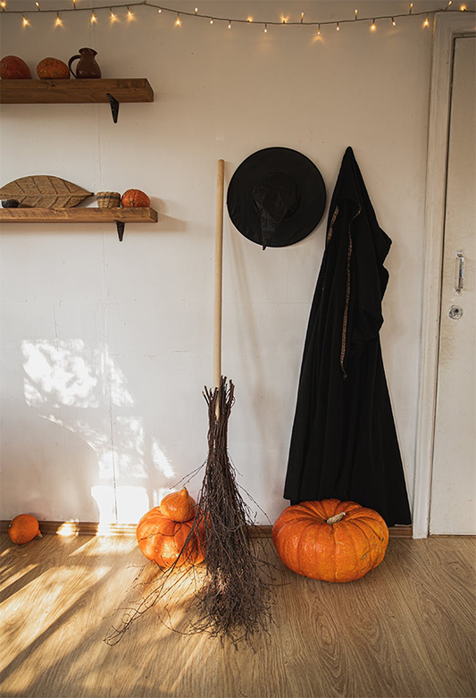 Wood Floor Broom Pumpkin Halloween Photo Backdrops
