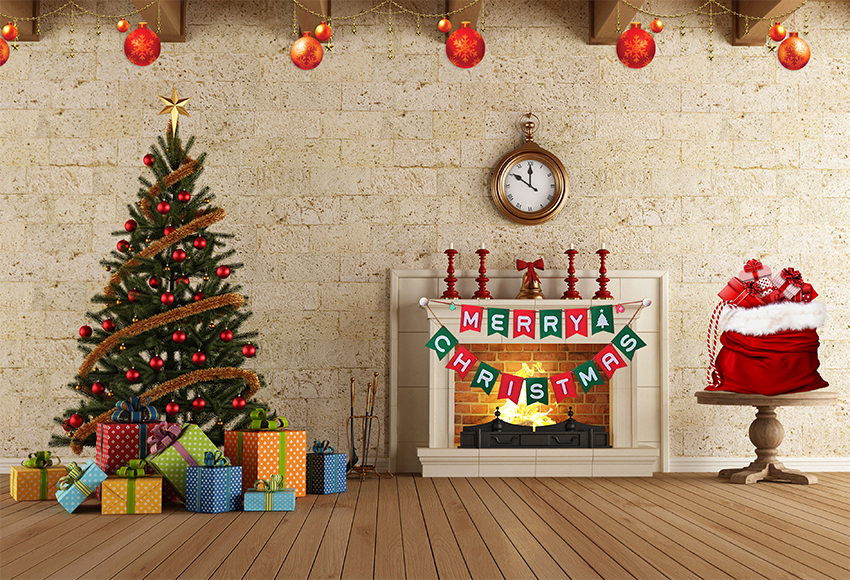 Brown Wood Floor Fireplace Christmas Backdrop Photography