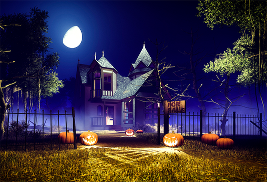 Night Moon House Pumpkins Halloween Backdrop Photography