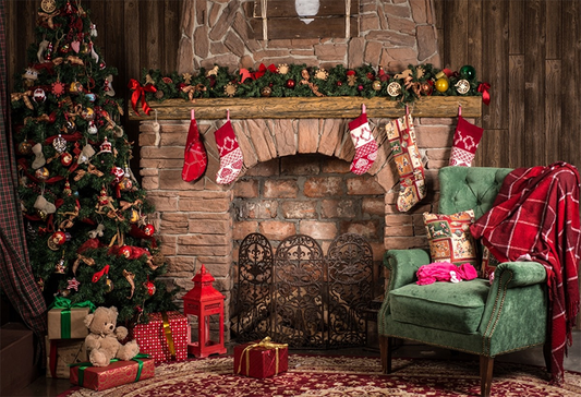 Brick Fireplace Socks Green Sofa Merry Christmas Backdrop