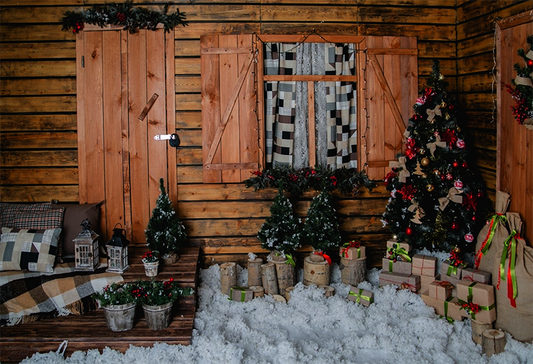 Wooden House Window Christmas Photo Booth Backdrop
