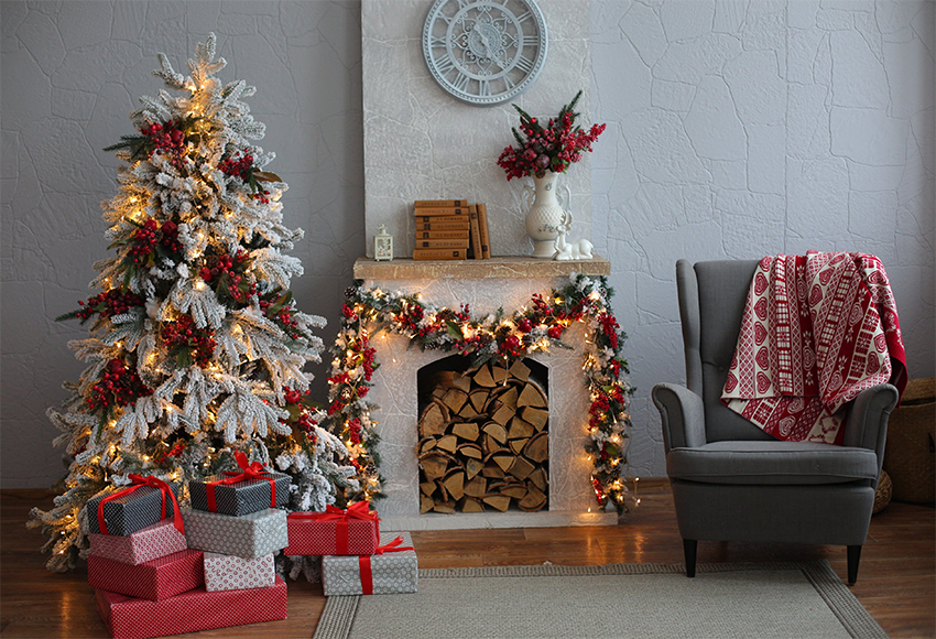 Christmas Tree White Wall Grey Sofa Photo Booth Backdrop