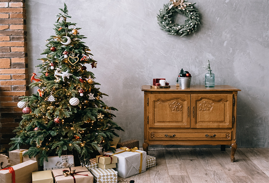 Grey Wall Wooden Table Christmas Photo Booth Backdrop