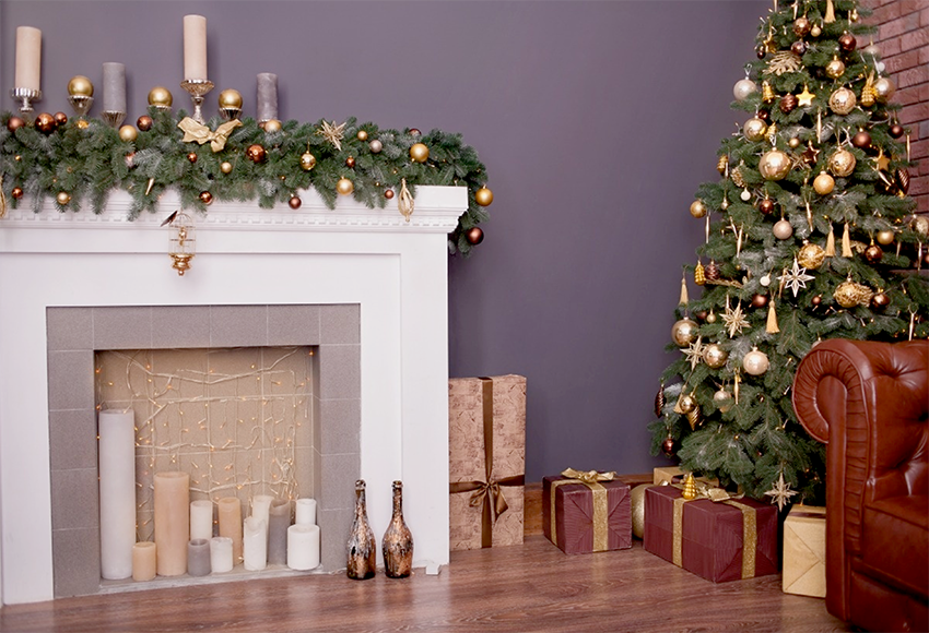 Purple Wall Wood Floor Fireplace Christmas Tree Backdrop
