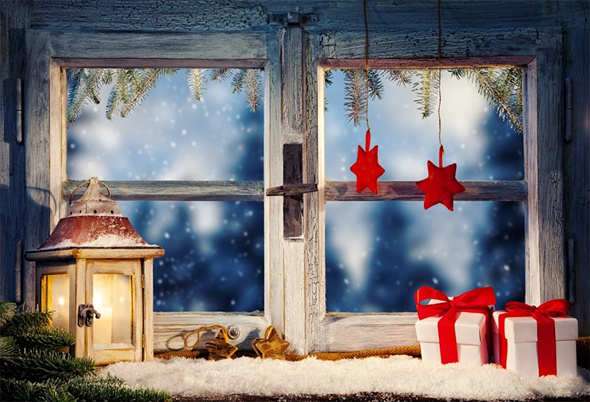 Blue Wood Window Christmas Backdrop For Photography Prop