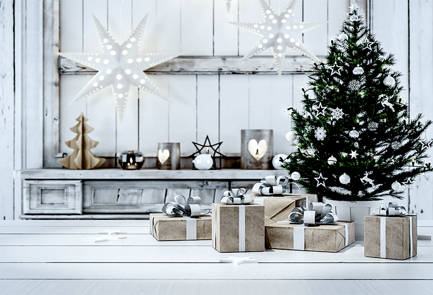 White Wood Glitter Star Christmas Festival Backdrop